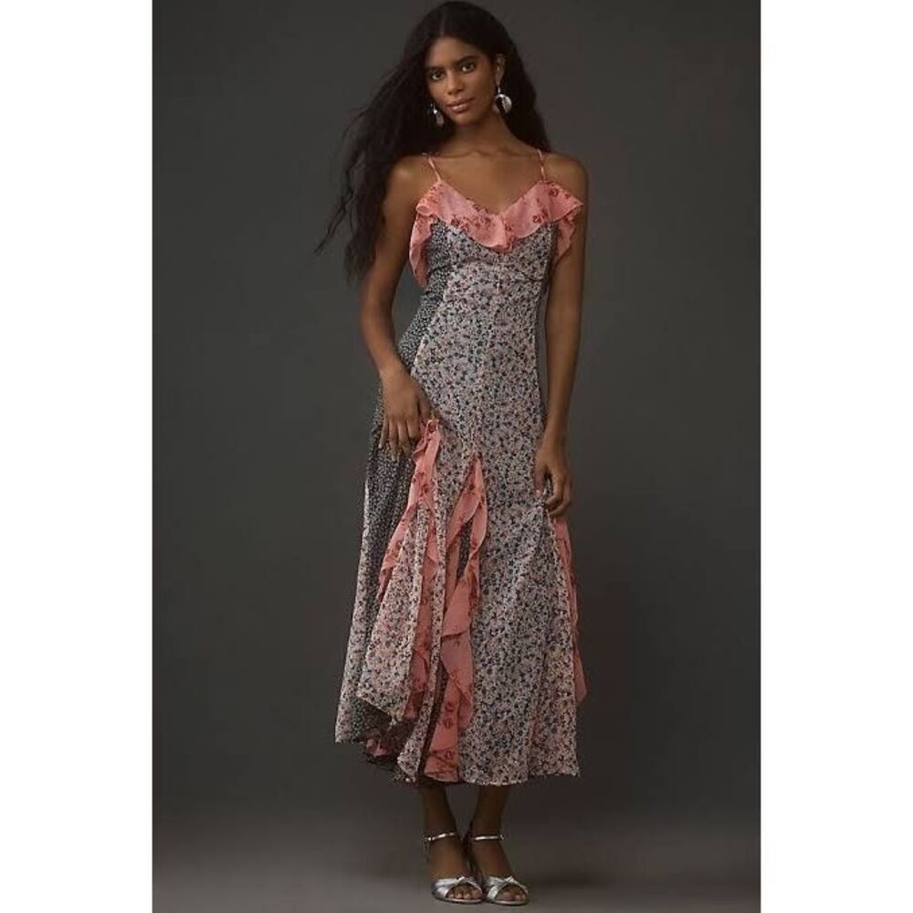 Anthropologie Sleeveless V-Neck Ruffle Midi Dress XXS NEW - Picture 3 of 5